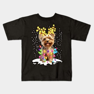 Merry Christmas Lights Santa Yorkshire Terrier Dog Lover Yorkie Kids T-Shirt